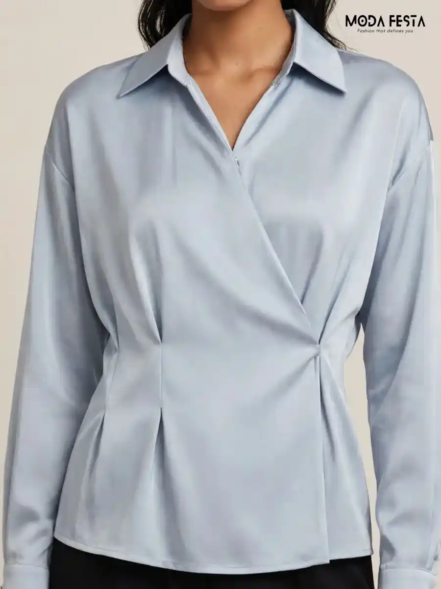 ModaFesta -Light Blue Satin Wrap-Style Collared Long Sleeve Top